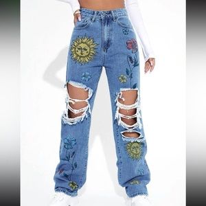 🍁Size 6 (M) Floral High Waist Straight Leg Jeans